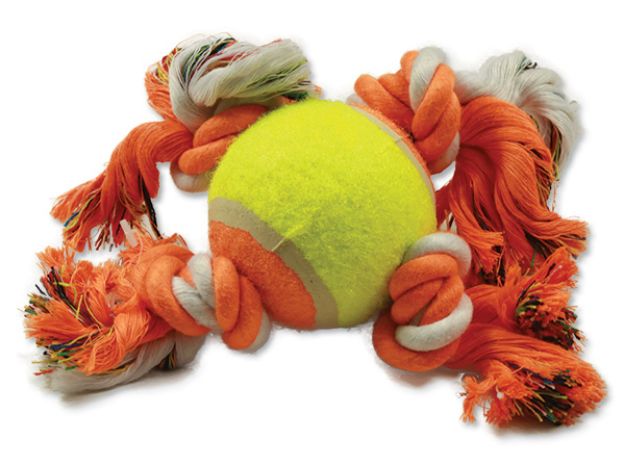 Obrázek Hračka DOG FANTASY oranžovo-bílá 4 knoty + tenisák 