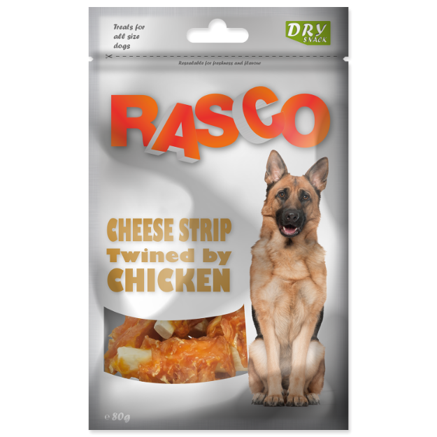 Pochoutka RASCO Dog proužky sýru obalené kurecím masem 80g