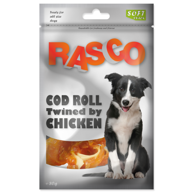 Pochoutka RASCO Dog trescí rolky obalené kurecím masem 80g