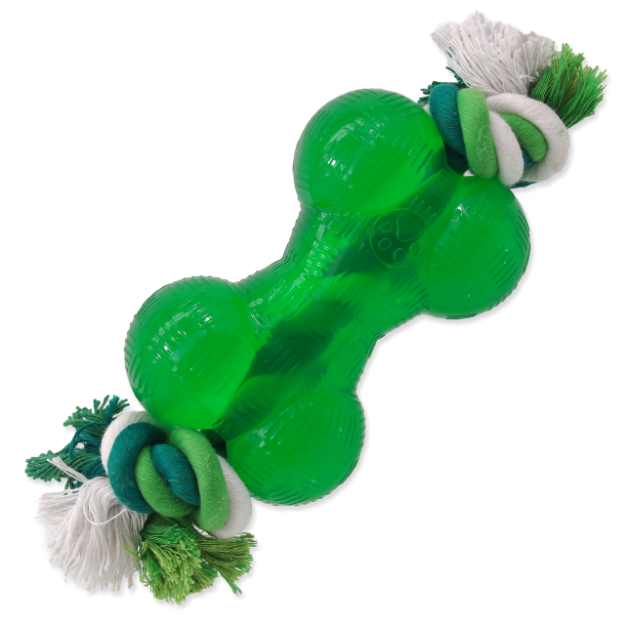 Hracka DOG FANTASY Strong Mint kost gumová s provazem zelená 13,9 cm 