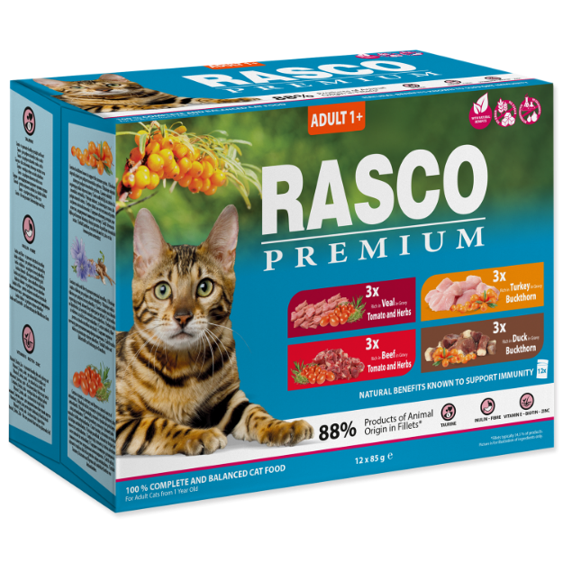 Obrázek Kapsičky RASCO Premium Cat Pouch Adult - 3x beef, 3x veal, 3x turkey, 3x duck 1020 g