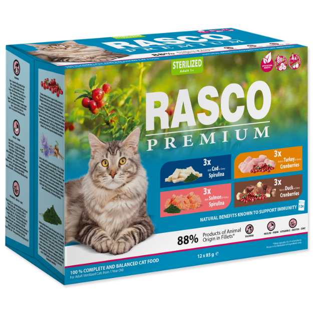 Obrázek Kapsičky RASCO Premium Cat Pouch Sterilized - 3x salmon, 3x cod, 3x duck, 3x turkey 1020 g