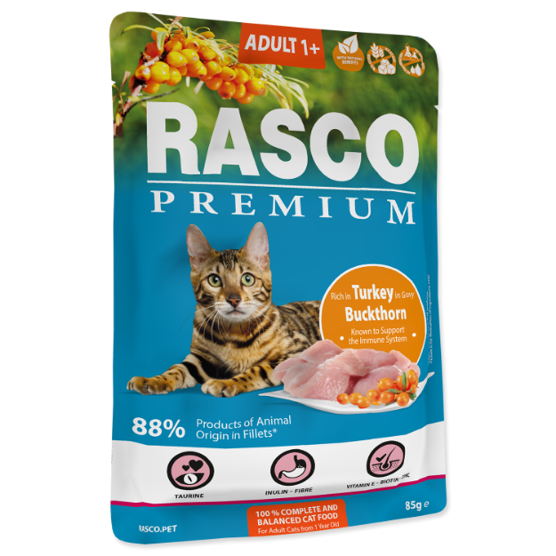 Obrázek Kapsička RASCO Premium Cat Pouch Adult, Turkey, Buckthorn 85 g